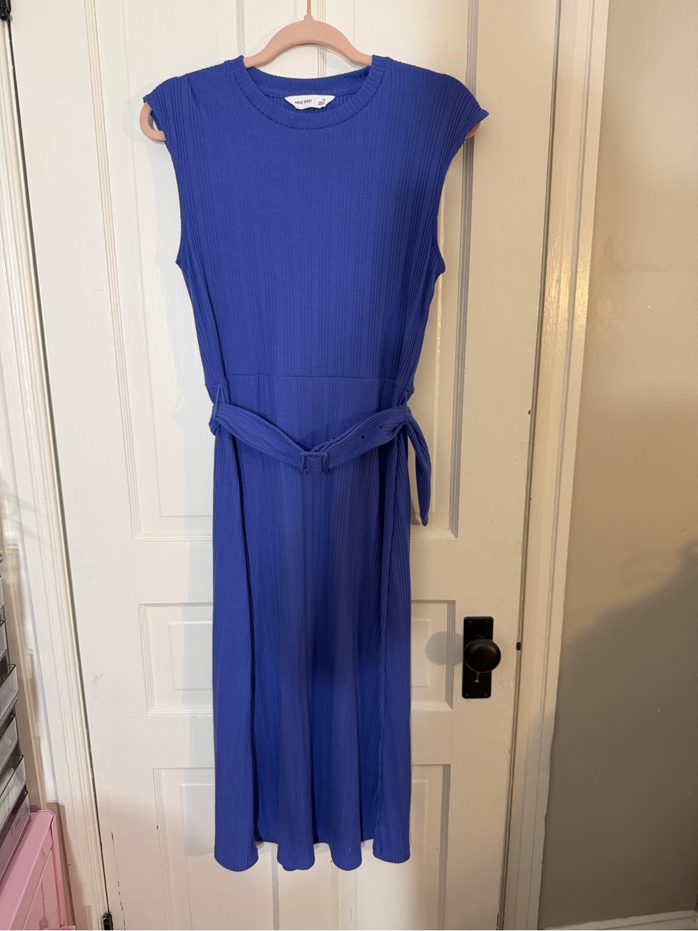 Nine West Cobalt Ribbed Sleeveless Midi Dress with Tie Belt